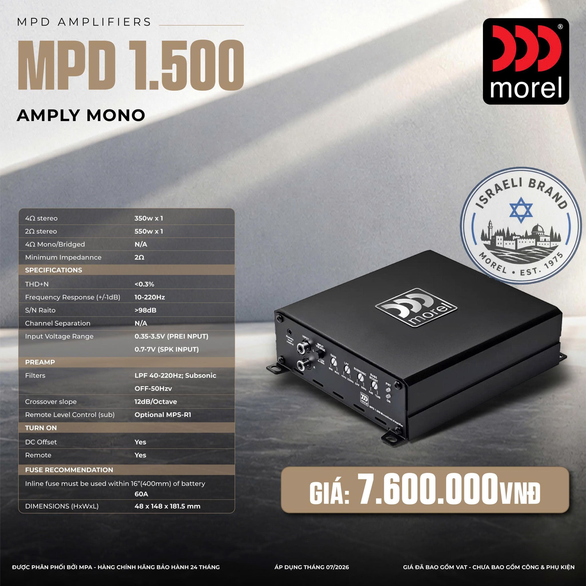 Amply Mono Ô Tô Morel MPD 1.500 550W RMS 2 Ohm