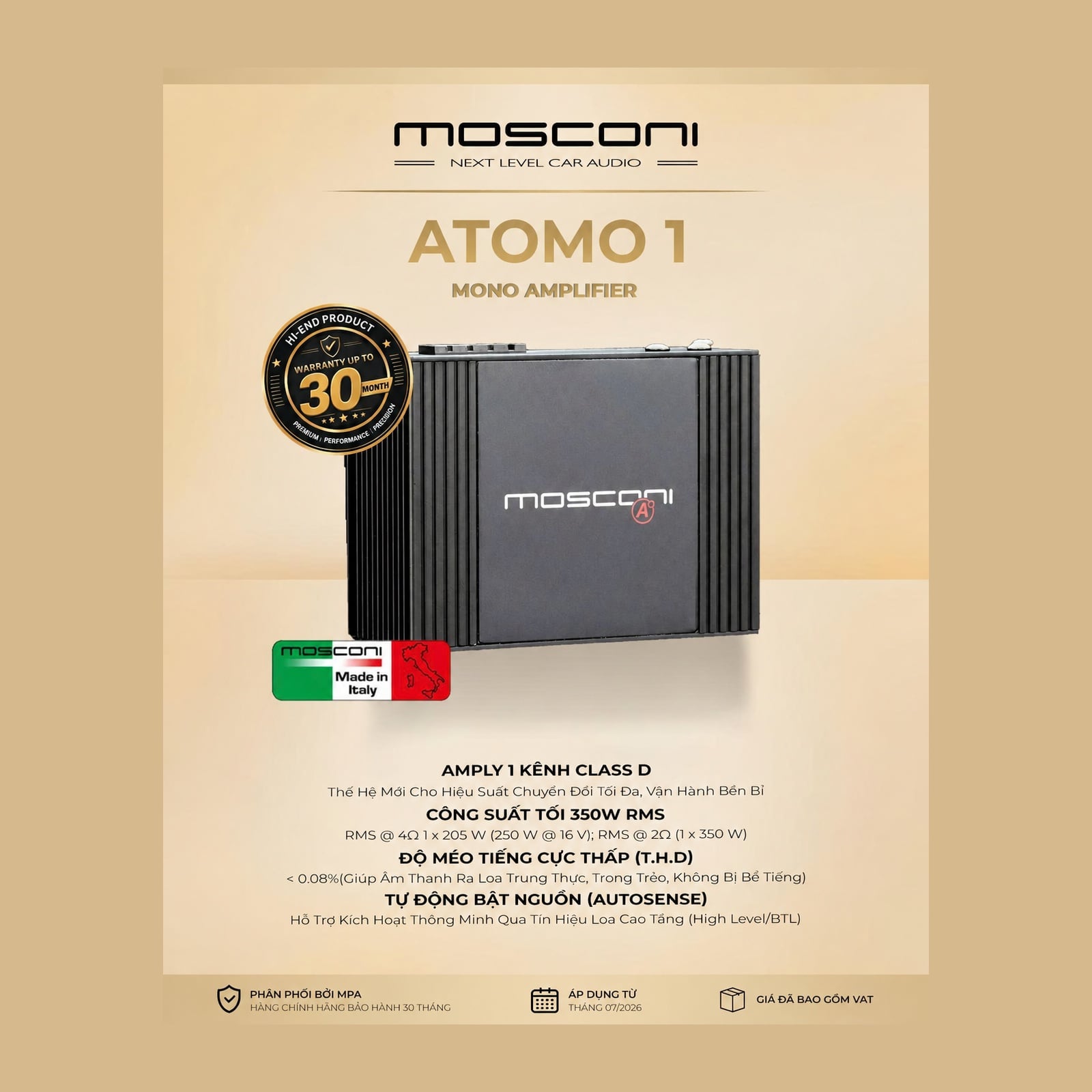 Amply Rời Ô Tô Mosconi ATOMO 1 Mono 1 Kênh Class D