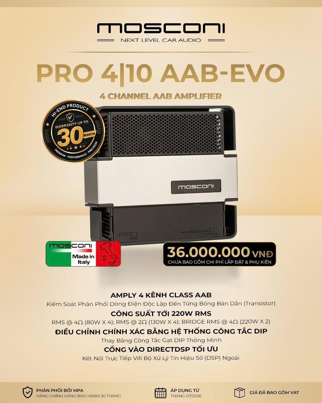 Amply Rời Ô Tô Mosconi PRO 4|10 AAB EVO 4 Kênh Class AAB