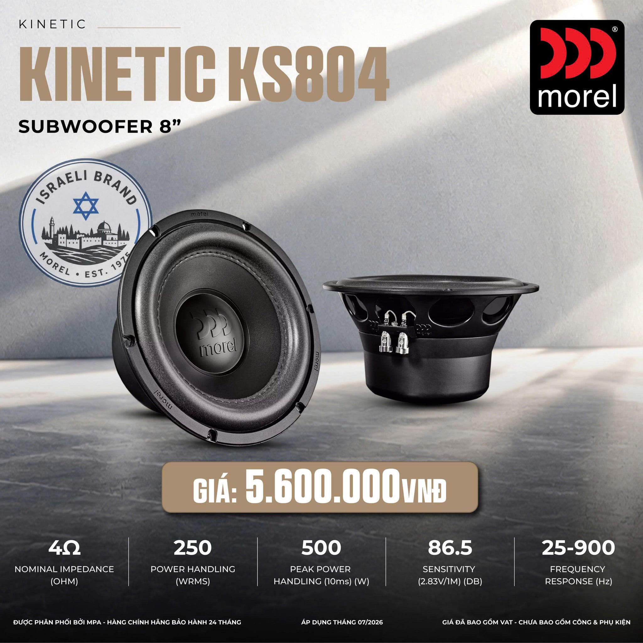 Loa SUB Hơi Ô Tô Morel Kinetic KS804 8 Inch 4 Ohm