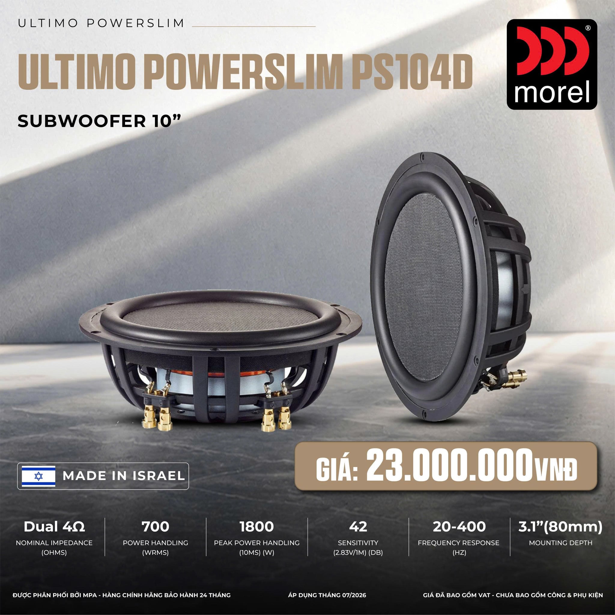 Loa SUB Hơi Ô Tô Morel Ultimo PowerSlim PS104D 10 Inch Siêu Mỏng